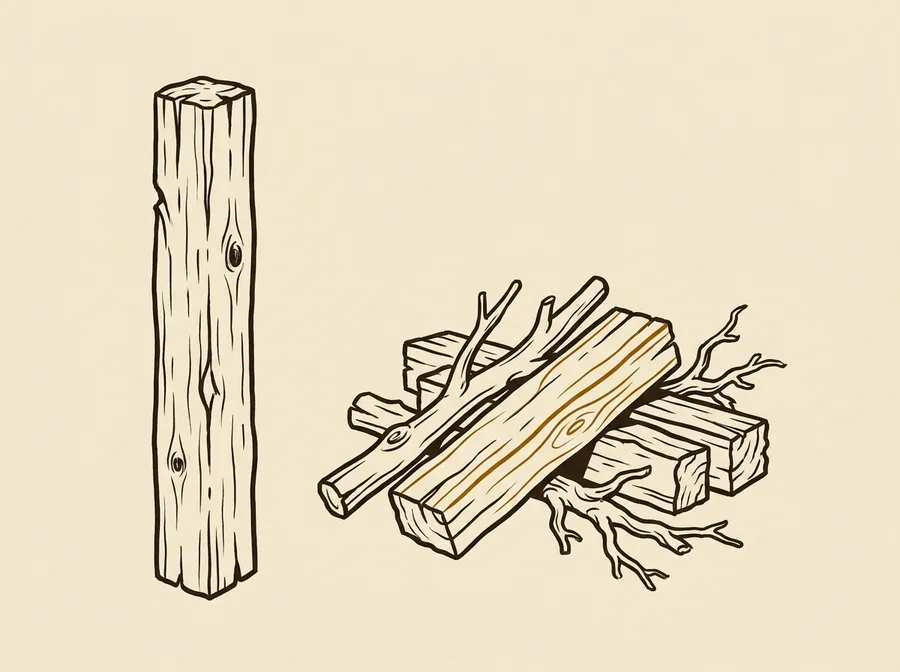 Hand-drawn illustration of a single cut cedar fence post standing beside a small pile of cleared brush and timber offcuts