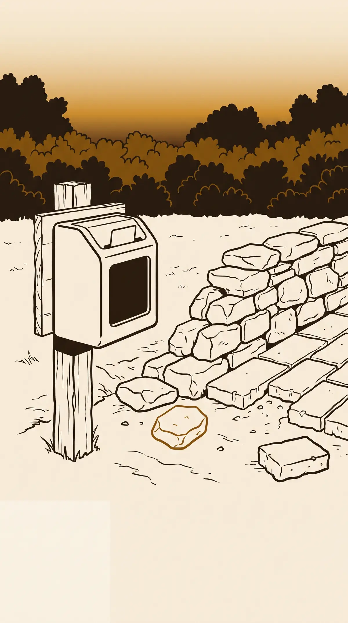 Flat ink-line illustration of a wall-mounted time-clock station at the edge of a job site at dawn, with a partial retaining-wall stone course and a paver edge underway in the middle ground and a low tree-line silhouette along the horizon