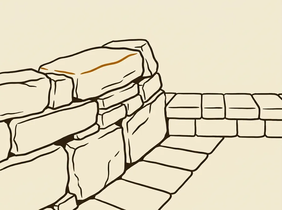 Hand-drawn illustration of a short run of dry-stacked retaining-wall stone meeting a paver-edge course, shown close and isolated